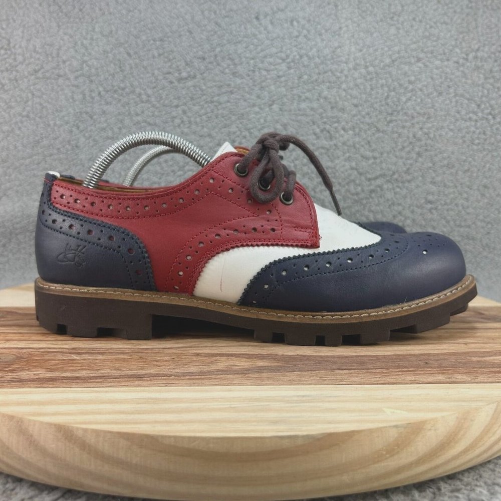 John Fluevog Adult Women 10 Wing Tip Derby Red White Blue 7th Heaven Dress Shoes